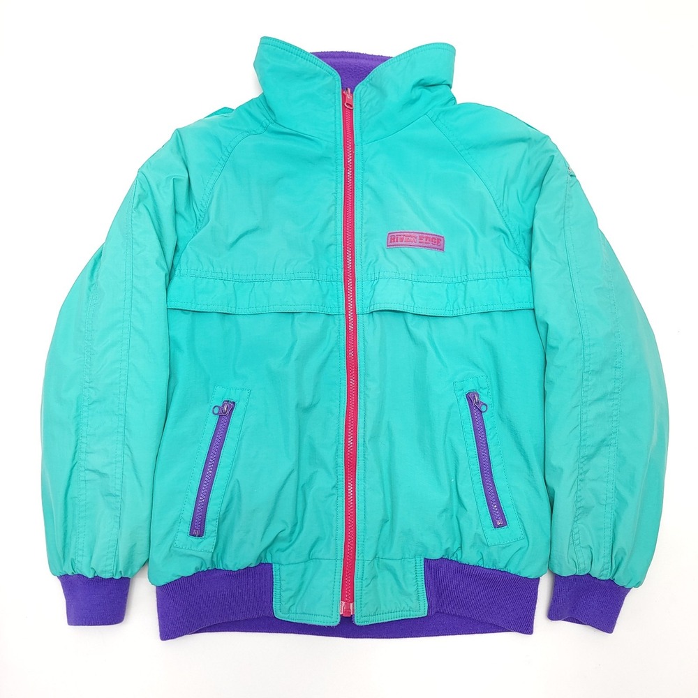 Vintage River Edge Reversible Jacket Teal Purple Pink Zip Fleece Bomber Womens M